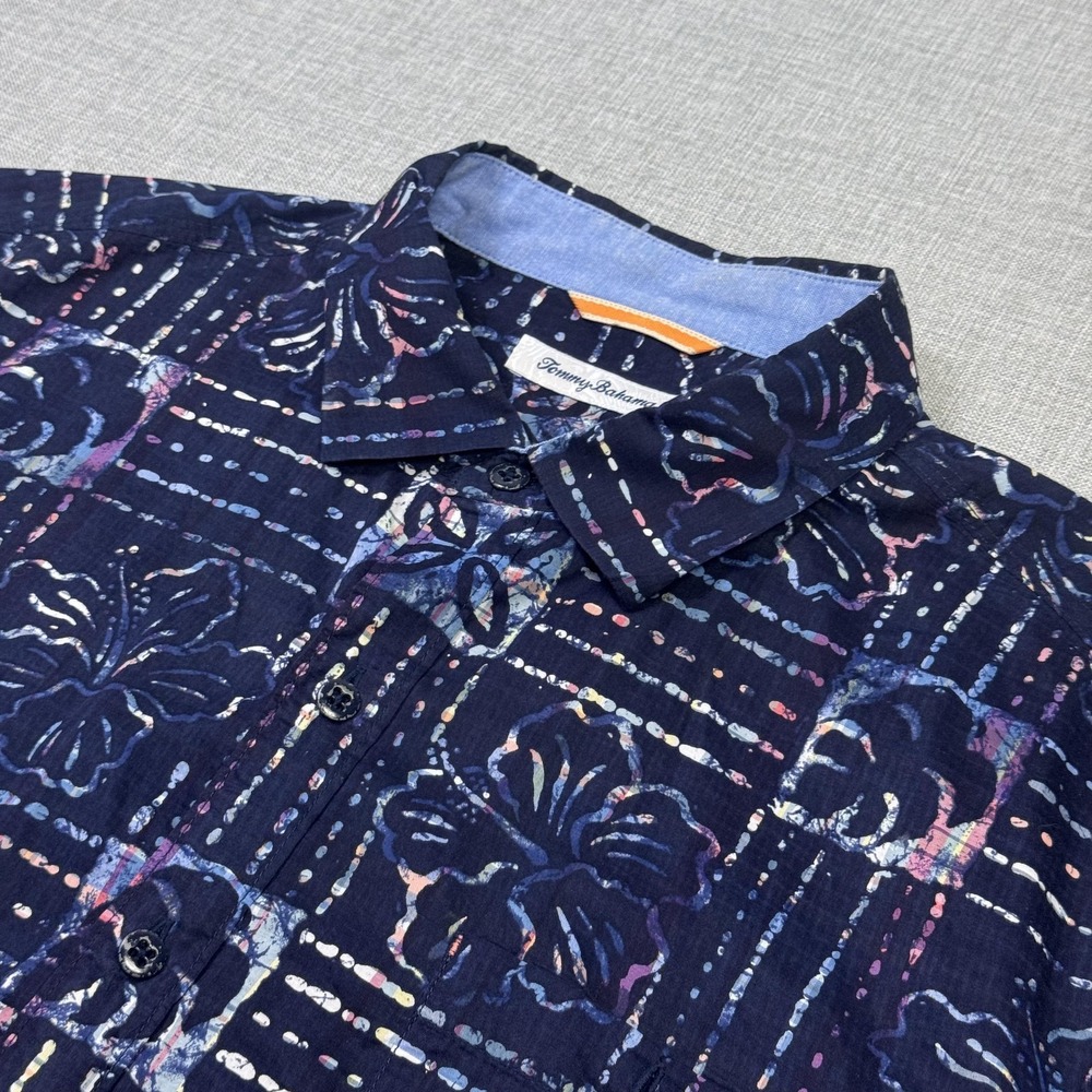 Tommy Bahama Floral Button-Up Hawaiian Shirt Mens L Blue Short‎ Sleeve Aloha
